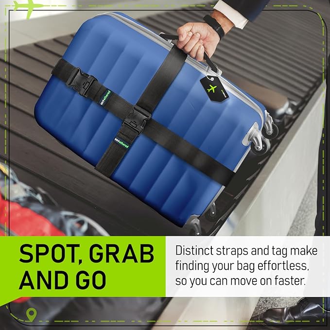 Untethered Ultimate Travel Set: 4 Premium Luggage Straps and 4 Silicone Tags - Secure & Identify Your Bags with Ease (Black + Tags)