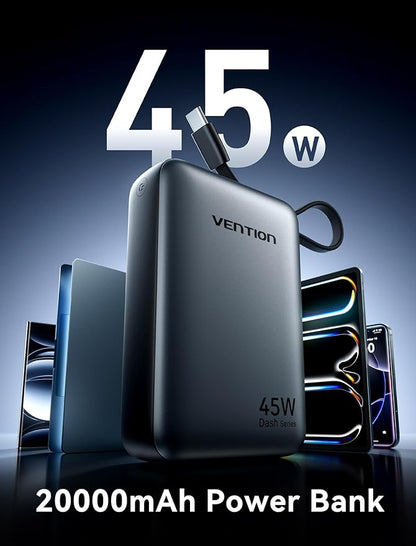 VENTION 45W Power Bank, CCC Certified 20000mAh with Built-in USB-C Cable, Fast Charging Travel Portable Charger with LED Digital Display for iPhone 17/16/15 Xiaomi Galaxy S26/S25 iPad Laptop(Beige)