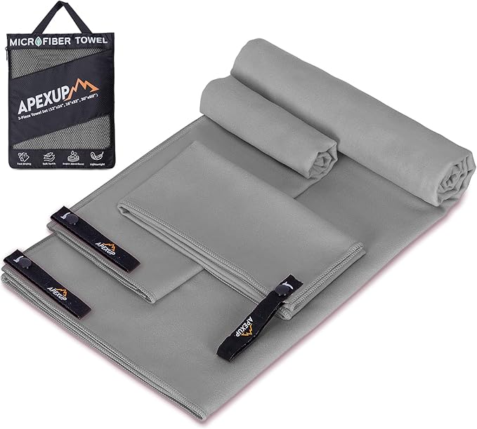 APEXUP Microfiber Travel Towel, Ultra Absorbent Quick Dry Towels, Lightweight Gym Sports Camping Towel for Workout, Yoga, Beach, Shower, Swimming (Combo, Gray)