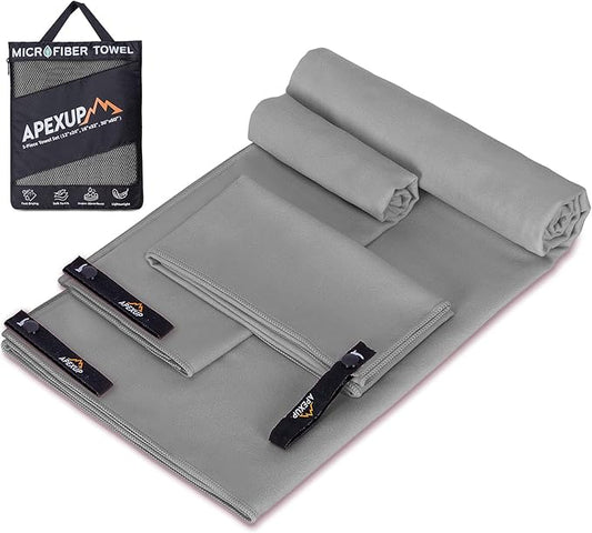 APEXUP Microfiber Travel Towel, Ultra Absorbent Quick Dry Towels, Lightweight Gym Sports Camping Towel for Workout, Yoga, Beach, Shower, Swimming (Combo, Gray)