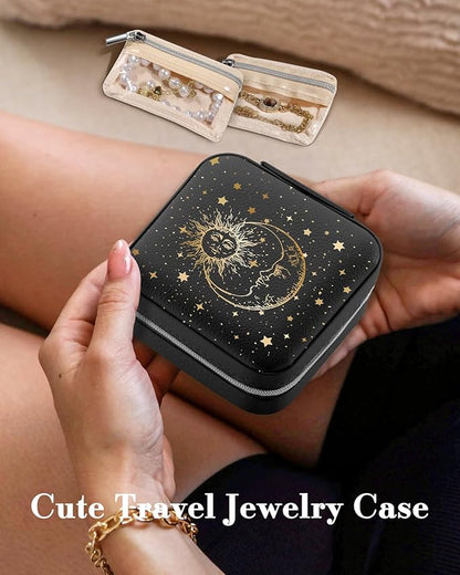 Bistup Travel Jewelry Case - Small Jewelry Organizers and Storage Box for Women Girls Teens Cute Traveling Jewelry Holder with Mirror Little Tiny Compact Modern Unique Aesthetic Pretty, Sun and Moon