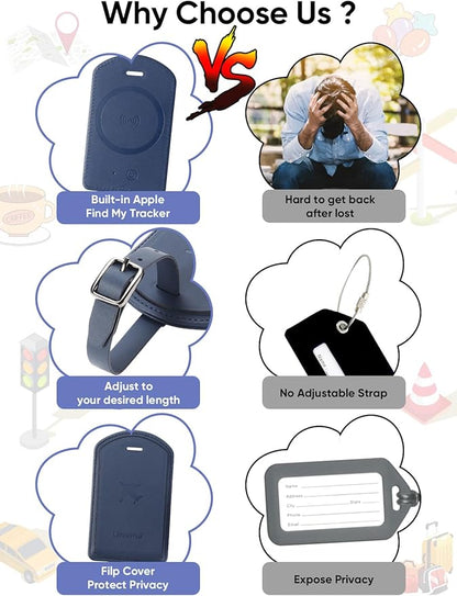 Luggage Tags Built-in Anti-Loss Tracker, Luxury Leather Luggage Tags for Suitcase, Travel Bags, Backpacks, Travel Organizer for Lost Baggage Prevention (Navy Blue)