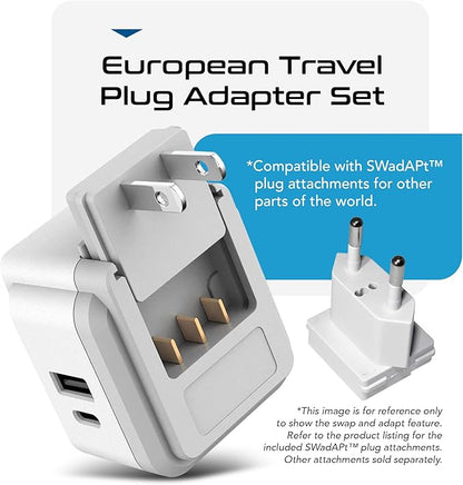 Ceptics European Plug Travel Adapter Set, 20W PD & QC, Safe Dual USB & USB-C - 2 USA Socket - Compact - Use in Germany, France, Italy, UK - Includes Type E/F, Type C, Type G SWadAPt Attachments