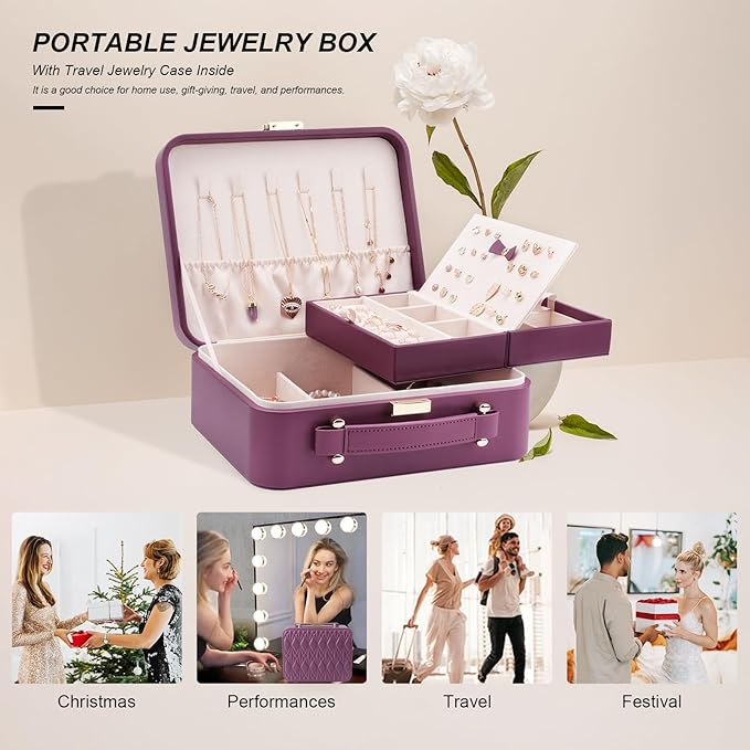 Travel Jewelry Case Organizer, Large Travel Jewelry Organizer, Travel Jewelry Box and Portable Travel Jewelry Case, Burgundy Red