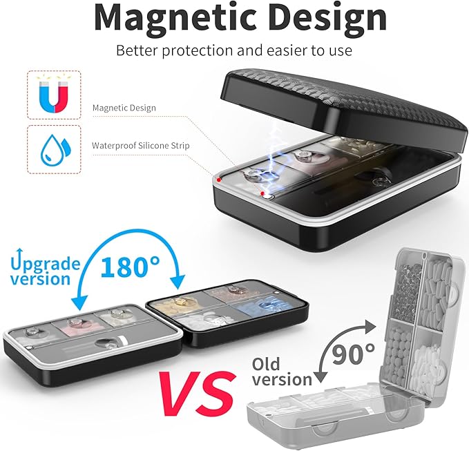 Restree Weekly Pill Organizer, Magnetic Moisture Proof Pill Case, Large Capacity Travel Pill Box with Inner Clear Lid for Vitamins, Supplements, and Daily Medications 8 Compartment (Black)