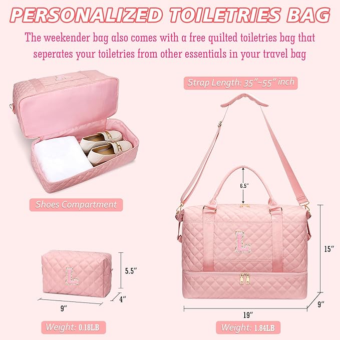 Gifts for Women Girls Initial Travel Duffle Bag Quilted Weekender Carry-On Overnight with Cosmetic Bag, Gym Bag with Shoe Compartment Hospital Bag for Labor Delivery, Pink L