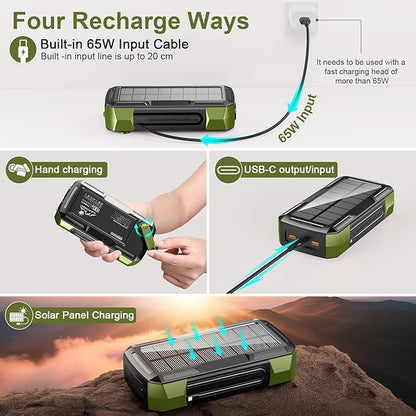 Solar Charger Power Bank 73200mAh, Portable Laptop Charger with 100W USB-C in/Output, Built-in Cables, Hand Crank Power Bank for Mobile Phones, Ideal for Outdoor Use with SOS/Strobe/Strong (green)