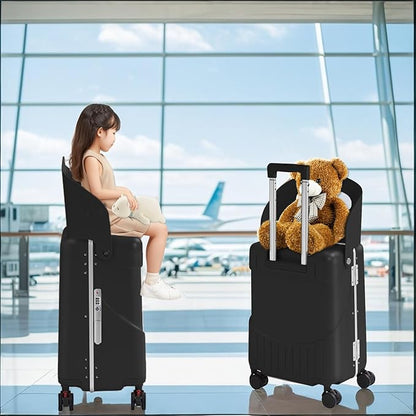 20'' Luggage with Child Seat, Ride On Suitcase with Shockproof Silent Spinner Wheels, TSA Lock, Carry On Luggage with Foldable Backrest, Bag Hook for Kids.