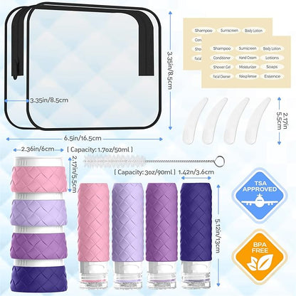 16 Pack Travel Bottles for Toiletries, TSA Approved Travel Size Toiletries Containers Set, BPA-Free Silicone Leak Proof Refillable Bottles Stackable Creams Jars Accessories Kit W/Clear Bag(Purple)