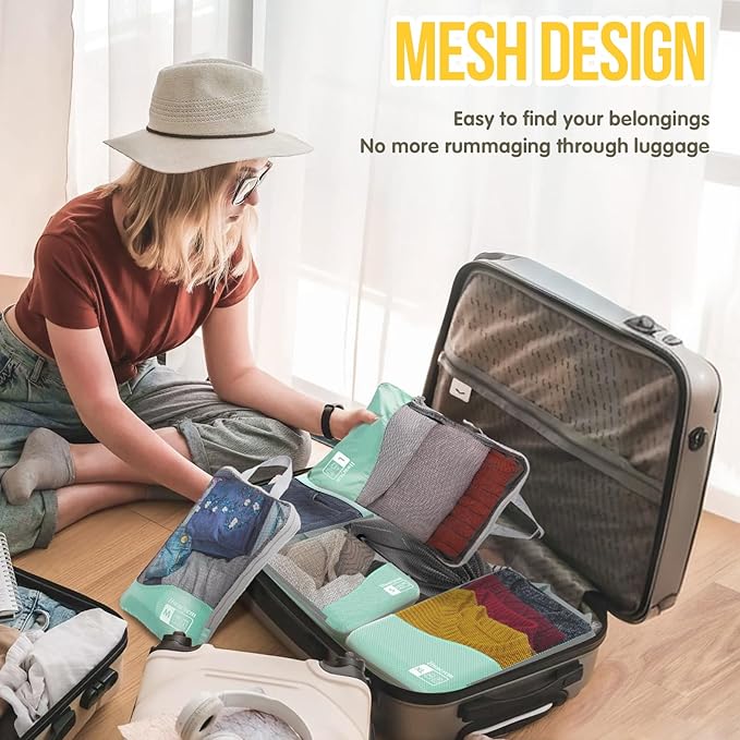 Compression Packing Cubes 8 Set, Dual Zipper Compression Packing Cubes for Travel, See-Through Mesh Packing Bags for Suitcases, packing cubes with shoe bag