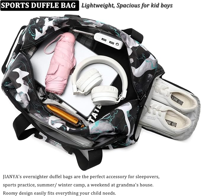 Kids Overnight Duffle Bag Boys Sports Gym Bag with Shoe Compartment & Wet Pocket Teens Gymnastics Bag Carry On Weekender Travel Bag