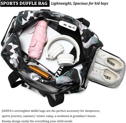 Kids Overnight Duffle Bag Boys Sports Gym Bag with Shoe Compartment & Wet Pocket Teens Gymnastics Bag Carry On Weekender Travel Bag