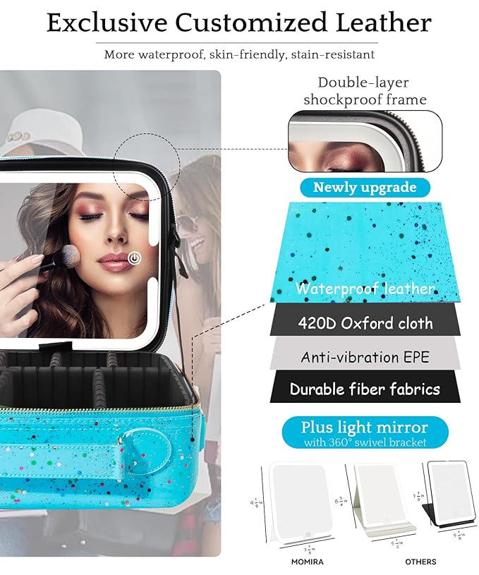MOMIRA Travel Makeup Bag Cosmetic Bag with Lighted Mirror, Adjustable Brightness in 3 Color Scenarios/Detachable makeup mirror, 2024-All-round Upgrade, Waterproof, Gift for Women -Glett Blue