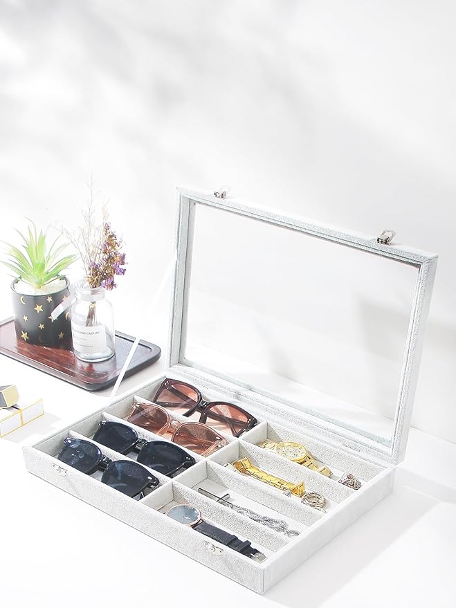 Coward Sunglass Organizer Tray Box, Grey Beige Velvet Eyeglasses Display Tray Case with Transparent Glass Lid for Home Use or Store Shop Selling Show