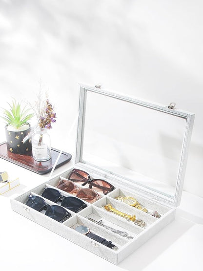 Coward Sunglass Organizer Tray Box, Grey Beige Velvet Eyeglasses Display Tray Case with Transparent Glass Lid for Home Use or Store Shop Selling Show