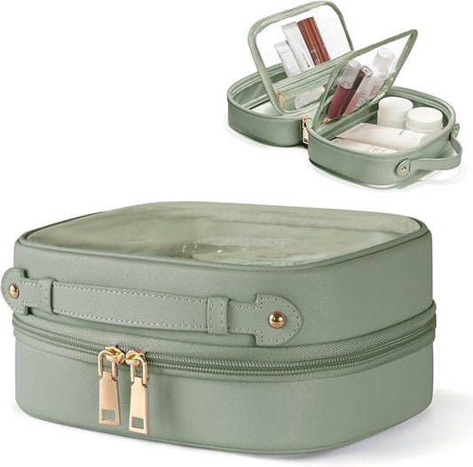 Clear Cosmetic Bag Double Layer Travel Toiletry Bag Clear Makeup Bag Case with 4 Compartments, Transparent Travel Bag for Toiletries, Large Toiletry Bag for Women Cosmetic Case (Sage Green, Small)