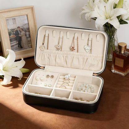 Women's Compact Jewelry Organizer PU Leather Travel Case with Secure Zipper and Soft Interior Perfect for Gifts or Personal Use Black