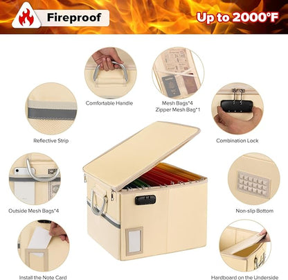 TOMKID Fireproof Document Box, Fire Proof Safe Box for Home Document Organizer with Lock, Fire Office Storage Cabinet for Hanging Letter/Legal Folder 16.1 x 12.9 x 11in (Off-white)
