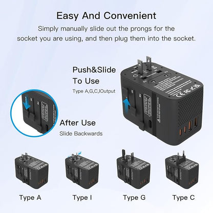 Voltage Converter Universal Travel Adapter, PD20W International Power Adapter,Fast Charging Travel Charger, All in One Worldwide Travel Plug Adapter, Outlet Adapter for EU UK USA AU, Black