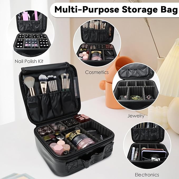 Travel Makeup Bag Makeup Cosmetic Train Case Organizer Portable Storage Bag with Adjustable Dividers for Cosmetics Makeup Brushes Toiletry Jewelry Black Laser Grid Pattern