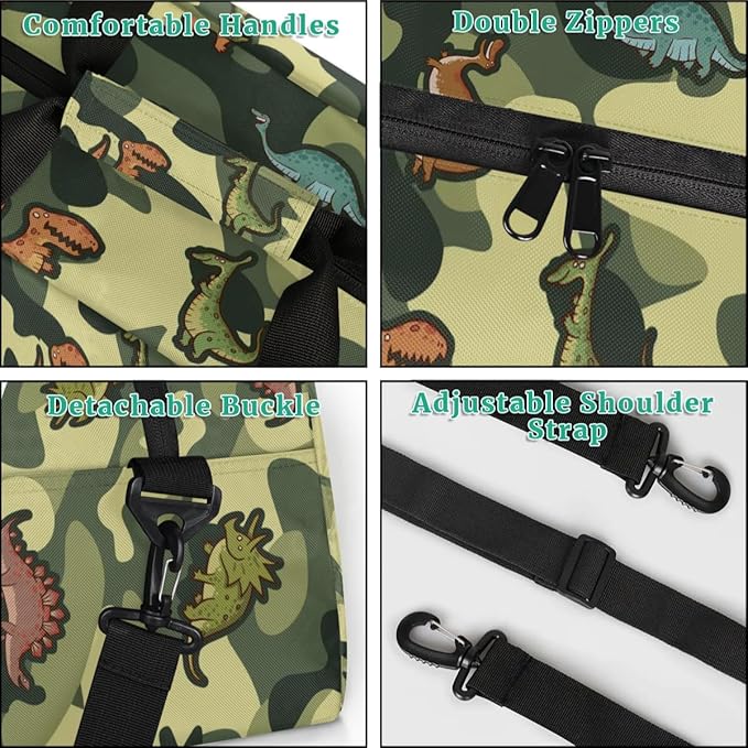 Personalized Duffel Bag for Kids Girls Boys, Cartoon Dinosaurs Custom Name Gym Bag Overnight with Padded Handles Carry On Weekend Sports Travel Bag for School Practice Gymnastics Ballet