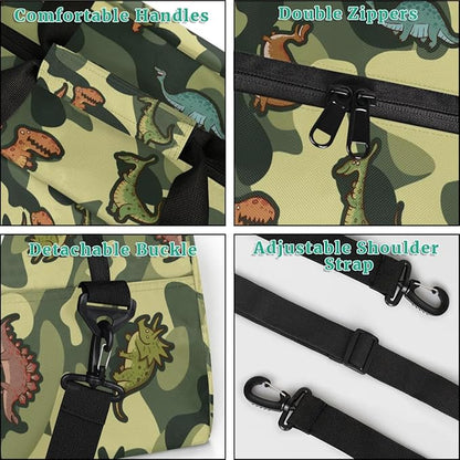 Personalized Duffel Bag for Kids Girls Boys, Cartoon Dinosaurs Custom Name Gym Bag Overnight with Padded Handles Carry On Weekend Sports Travel Bag for School Practice Gymnastics Ballet