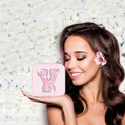 Personalized Jewelry Case for Women Girls - Fashion Mini Jewelry Boxes - Trendy Travel Jewelry Organizer with Initials Letter - Teen Gifts | Pink,V