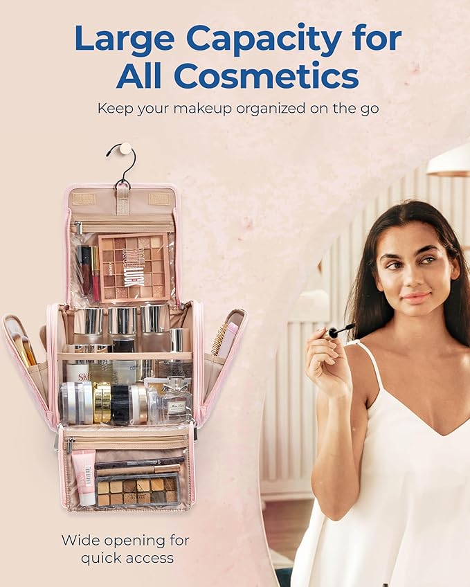 BAGSMART Travel Toiletry Bag, Large Capacity Cosmetic Bags for Women with Hanging Hook, Water-resistant for Toiletries Accessories Brushes Sponge, With Handle