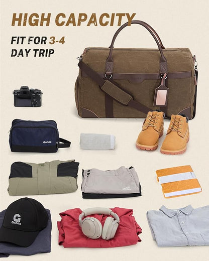 Gonex Waxed Canvas Duffle Bag for Travel, Water-resistant Vintage 55L Duffel Weekender with Shoes Compartment & Luggage Tag, Heavy-duty Overnight Bag with Suitcase Handle Sleeve for Men, Dark Brown