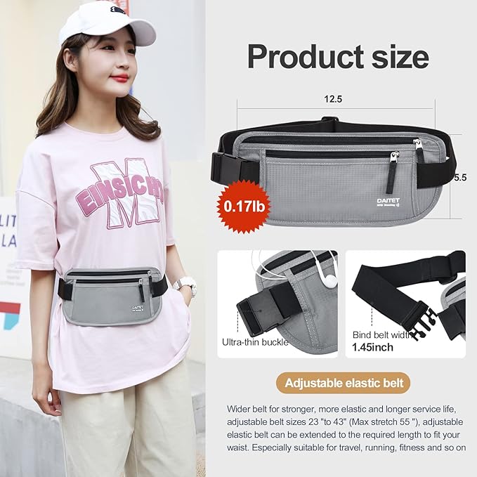 RFID Blocking Money Belt for Men Women, Slim Fanny Pack For Travel，Running,Conceal Waist Wallet For Passport Holder,Phone,Cash(Black Light Grey)