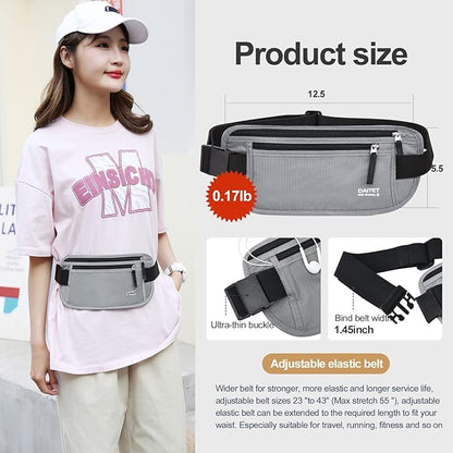 RFID Blocking Money Belt for Men Women, Slim Fanny Pack For Travel，Running,Conceal Waist Wallet For Passport Holder,Phone,Cash(Black Light Grey)