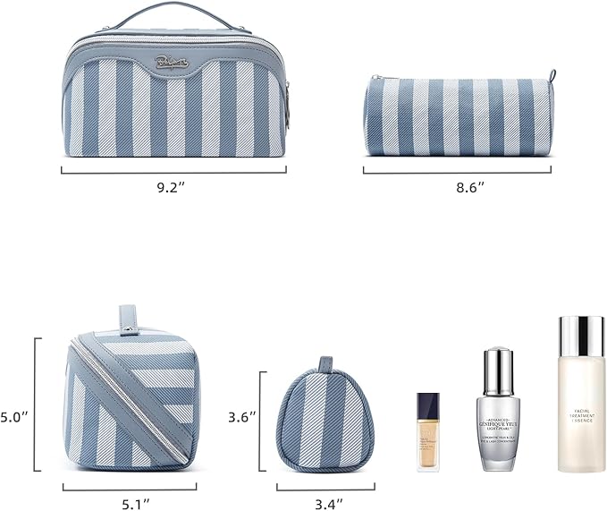 BOYATU Travel Makeup Bag for Women: Large Cosmetic Bag Set of 3 - PU Leather Make up Bag with Compartments - Compact Waterproof Toiletry Bag with Divider & Handle (B-2-Blue)