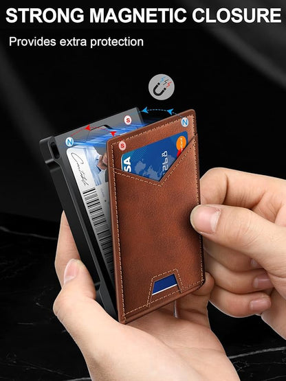 Wallet for Men RFID Wallet with 2 ID Windows & Money Clip, Slim Pop Up Card Holder for 10-12 Cards, Bifold Minimalist Smart Wallet for Front Pocket, Compact Metal Credit Card Holder, Gifts for Men