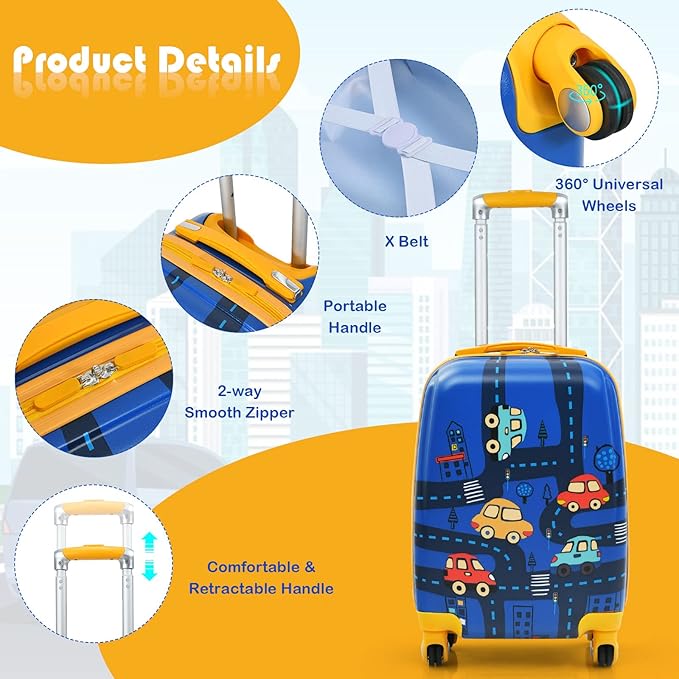 Goplus Kids Luggage Set, 12" & 18" Kids Carry On Luggage Set, Multi-directional Wheels Suitcase, Large Capacity Rolling Trolley Suitcase, Gift for Boys and Girls Toddlers Children Travel