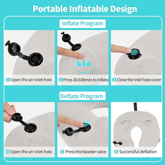 Inflatable Travel Neck Pillow for Airplane, Head Support Velvet Adult Neck Pillow for Long Flight, Kit with Eye Mask, Earplugs and Storage Bag,1, Light Gray