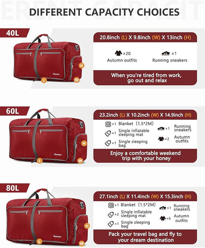 Gonex 40L 60L 80L 100L 150L Large Foldable Travel Duffle Bag with Shoes Compartment, Packable Lightweight Water Repellent Duffel Bag for Camping Gym Weekender Bag