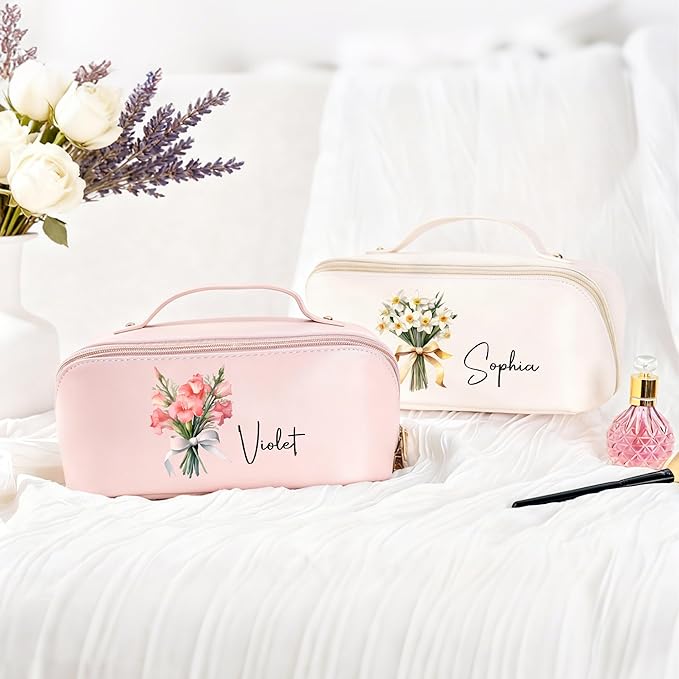 callie Personalized Makeup Bag - Custom Name & Birth Flower, Leather Cosmetic Organizer Bag with Zippers & Handle, Birthday Christmas Travel Gifts for Women