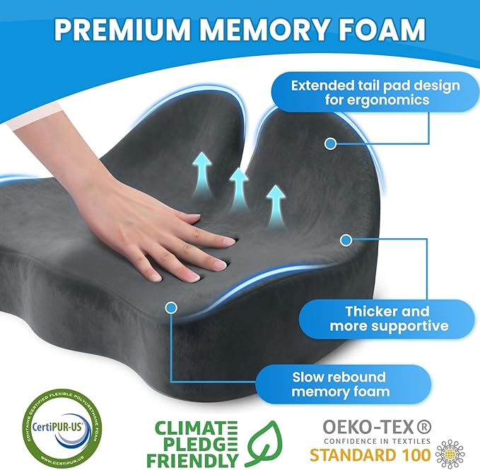 Seat Cushion, Memory Foam Office Chair Seat Cushion for Office Chairs/Car/Long Trip/Desk Chair/Gaming, Extra Large Size for Sciatica & Hip & Tailbone Pain Relief, Sciatica Support (Grey)