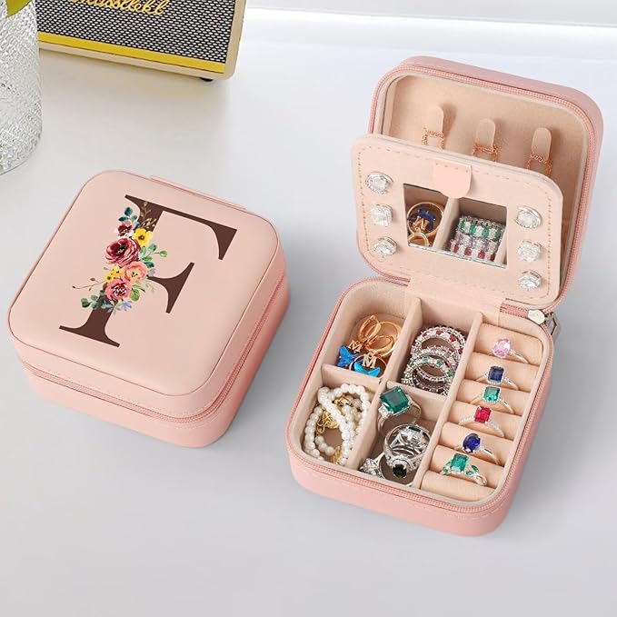 Parima Boss Gifts for Women - Boss Day & Birthday Gifts, Personalized Pink Initial Jewelry Box - Letter F, Travel Jewelry Case