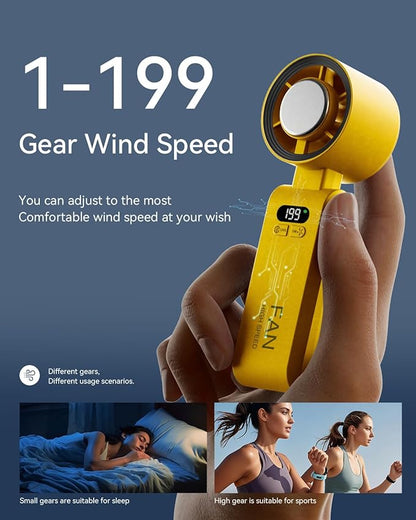 Kimguard Handheld Portable Turbo Fan with Ice Cooler, Speed (1-199) 5500mAh Rechargeable Personal Fan,[20H Cooling Time] [20000 RPM] Small Pocket Fans for Travel/Outdoor/Office, Yellow