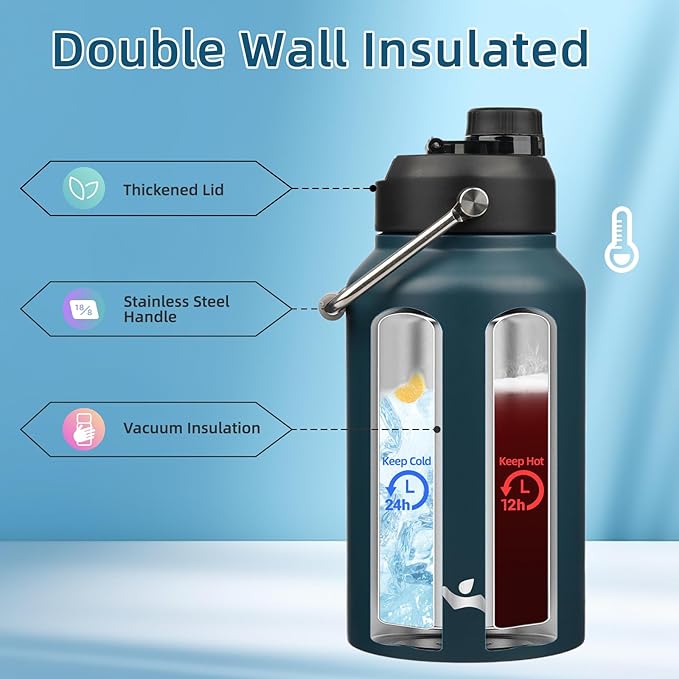 Jug with Handle,87 oz Insulated Water Bottle with Carrying Pouch, Double Wall Vacuum Stainless Steel Metal Bottle,Navy blue