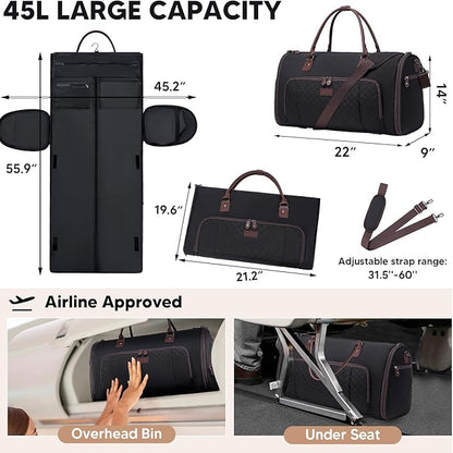Garment Bag for Airplane Travel, Carry On Garment Duffle Bags for Women, 2 in 1 Travel Suit Bag with Shoes Compartment Carry on Bag Hanging Garment Bag Travel with Shoulder Strap,Black