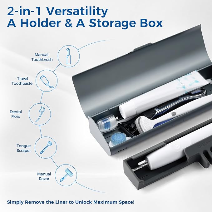 Aluminum Electric Toothbrush Travel Case, 2 in 1 Travel Toothbrush Holder for Oral B/Oral-B Pro 1000 1500 5000 7000 and Most Electric Toothbrush for Traveling, Removable Silicone Liner-Grey