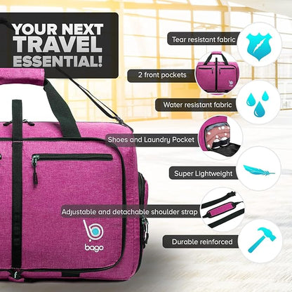 Bago Foldable Duffel Bags for Traveling Women & Men - 40L Sports Packable Duffle Bag for Travel with Shoe Compartment - Water Repellant, Heavy Duty, Lightweight Folding & Collapsible (SnowPink)