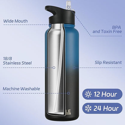 HASLE OUTFITTERS 40oz Stainless Steel Water Bottle, Vacuum Insulated Double Walled Leak Proof Sports Water Bottle with 2 Lids (Straw and Spout Lid) Keep Cold and Hot(Blue Black Gradient,1)