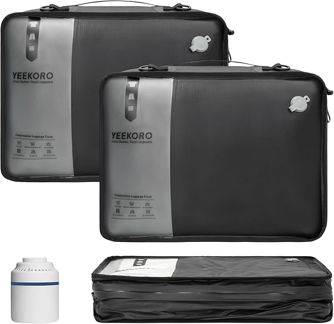 Compression Packing Cubes, Vacuum Bags for Business Trip, Professional IPX8 Reusable Travel Packing Cubes for 20 inch Suitcases, Organizer Bags for Luggage for Women & Men(2 pack, with Pump)