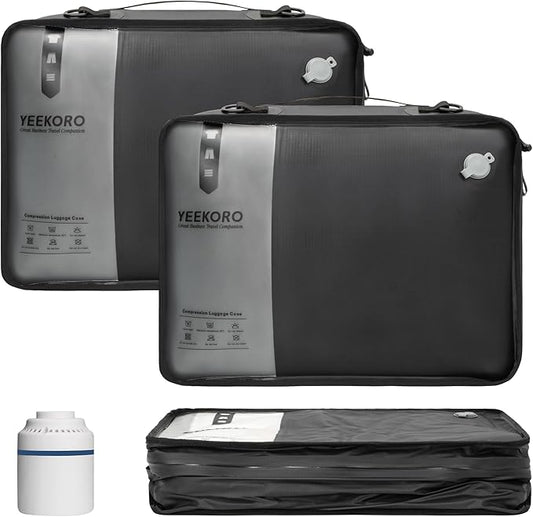 Compression Packing Cubes, Vacuum Bags for Business Trip, Professional IPX8 Reusable Travel Packing Cubes for 20 inch Suitcases, Organizer Bags for Luggage for Women & Men(2 pack, with Pump)