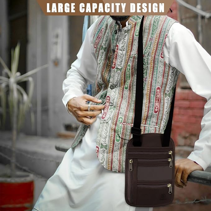 Ringsun Genuine Leather Passport Holder For Travel, RFID Blocking Slim Neck Wallet with Adjustable Strap for Women and Men, Travel Essentials to Keep Cash, Credit Cards and Documents Safe, Red Brown