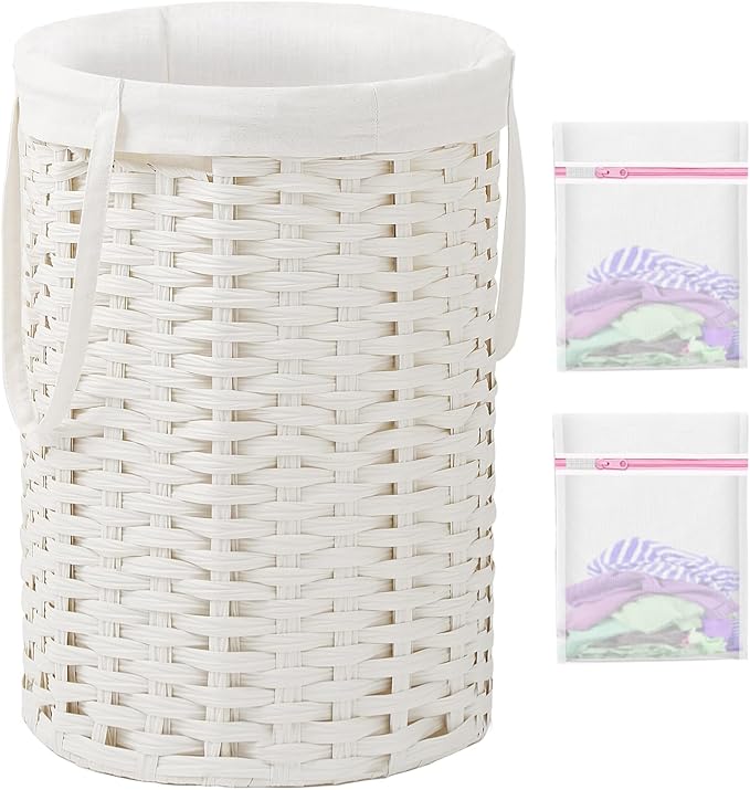 Laundry Hamper Laundry Basket Round 19.0 Gal (72 L) Handwoven Rattan Laundry Basket, Large Wicker Laundry Hamper with Removable Laundry Bag Handles 2 Mesh Bags for Bedroom Living Room White