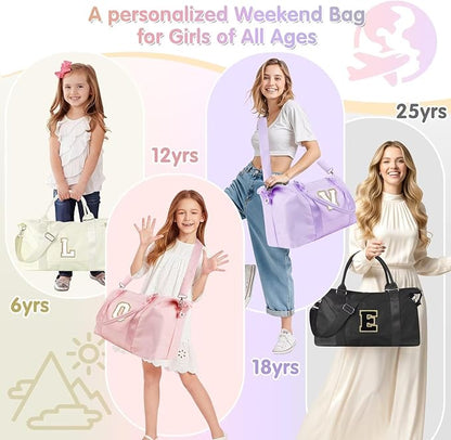 Dance Gym Duffel Bag for Teen Girls, Personalized Initial Travel Weekender Bag,Cute Overnight Carry On Duffle for Women,Sports Travel Cheer Bag,Monogram Christmas Gifts for Tween Preppy(black-V)